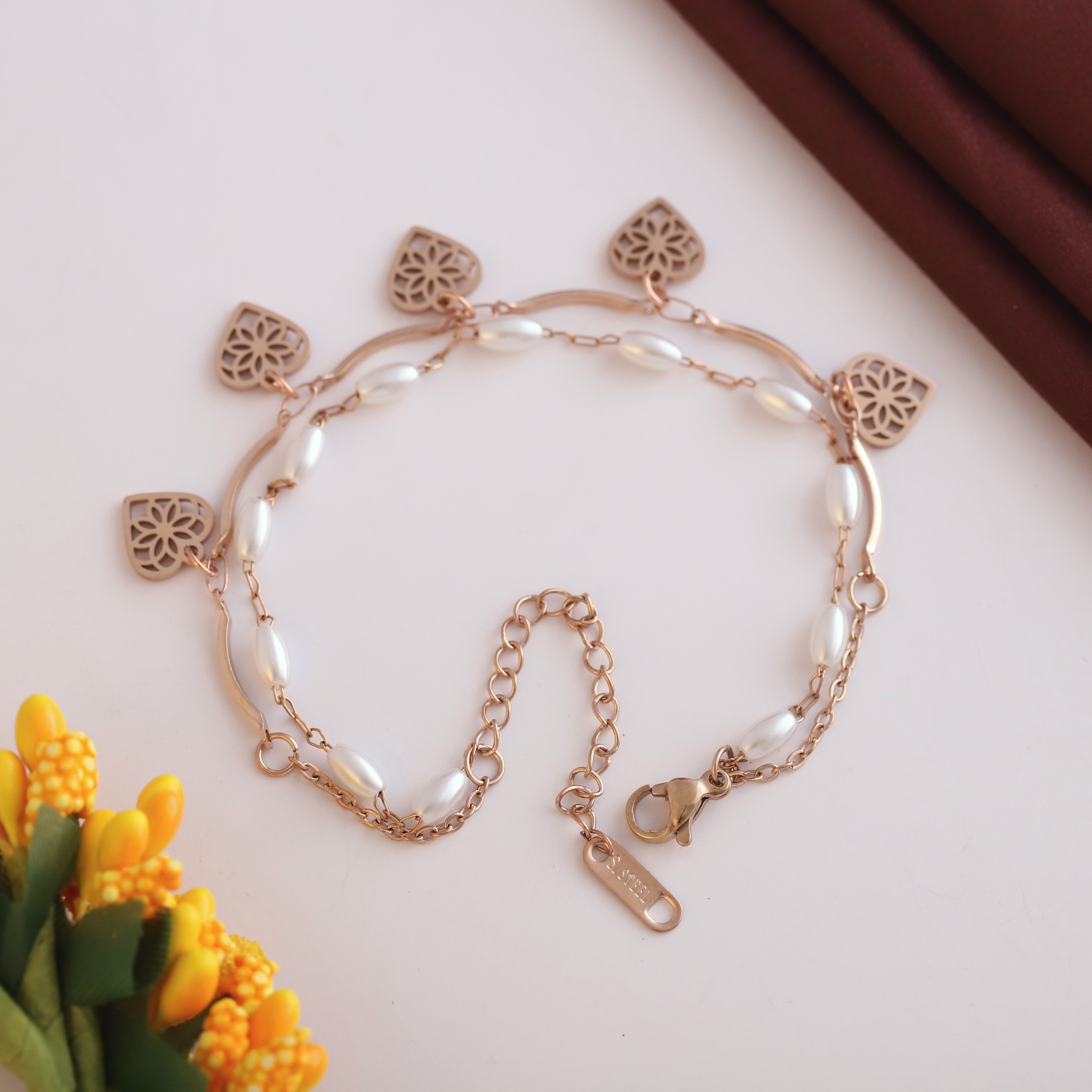 Heart Charm & Pearl Chain Bracelet Gold Plated – Double Layer, Anti-Tarnish, Waterproof, Minimalist Style (ROSE GOLD)