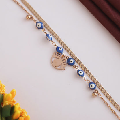 Evil Eye Charm Chain Bracelet Gold Plated – Double Layer, Anti-Tarnish, Waterproof(ROSE GOLD)