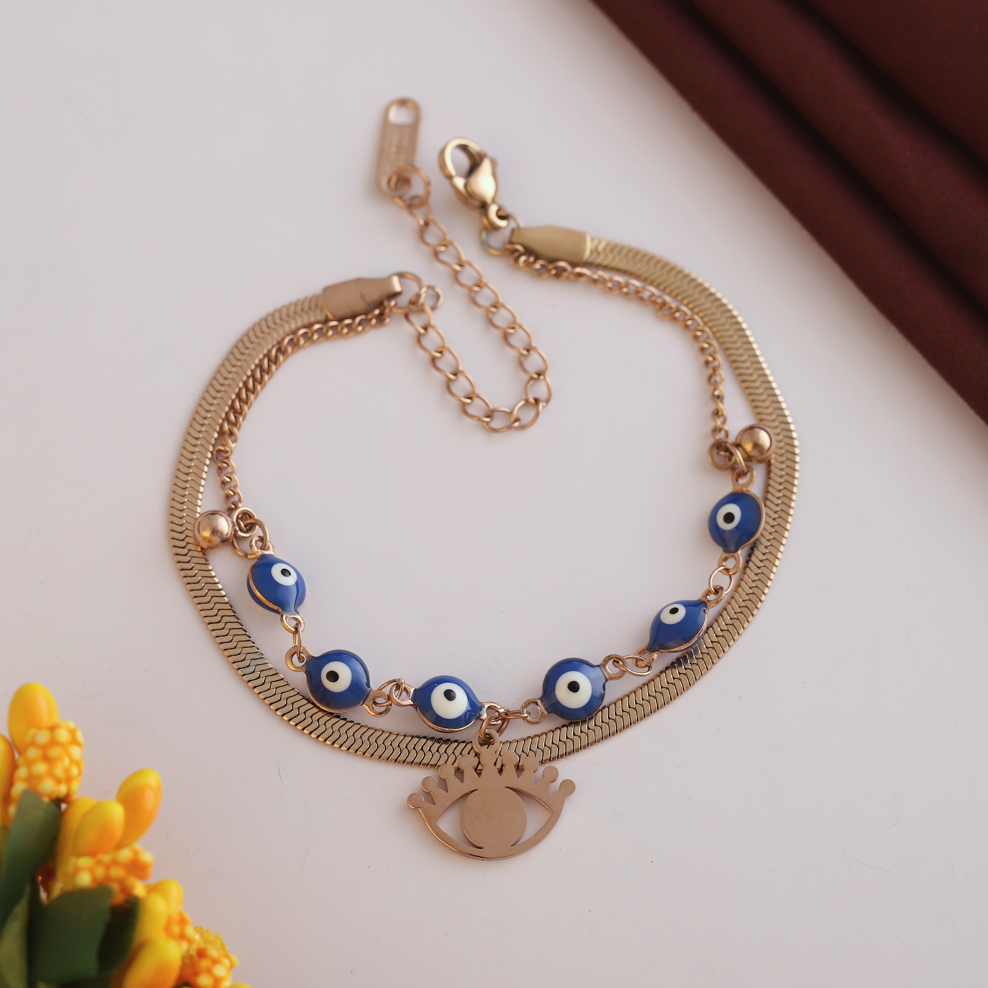 Evil Eye Charm Chain Bracelet Gold Plated – Double Layer, Anti-Tarnish, Waterproof(ROSE GOLD)