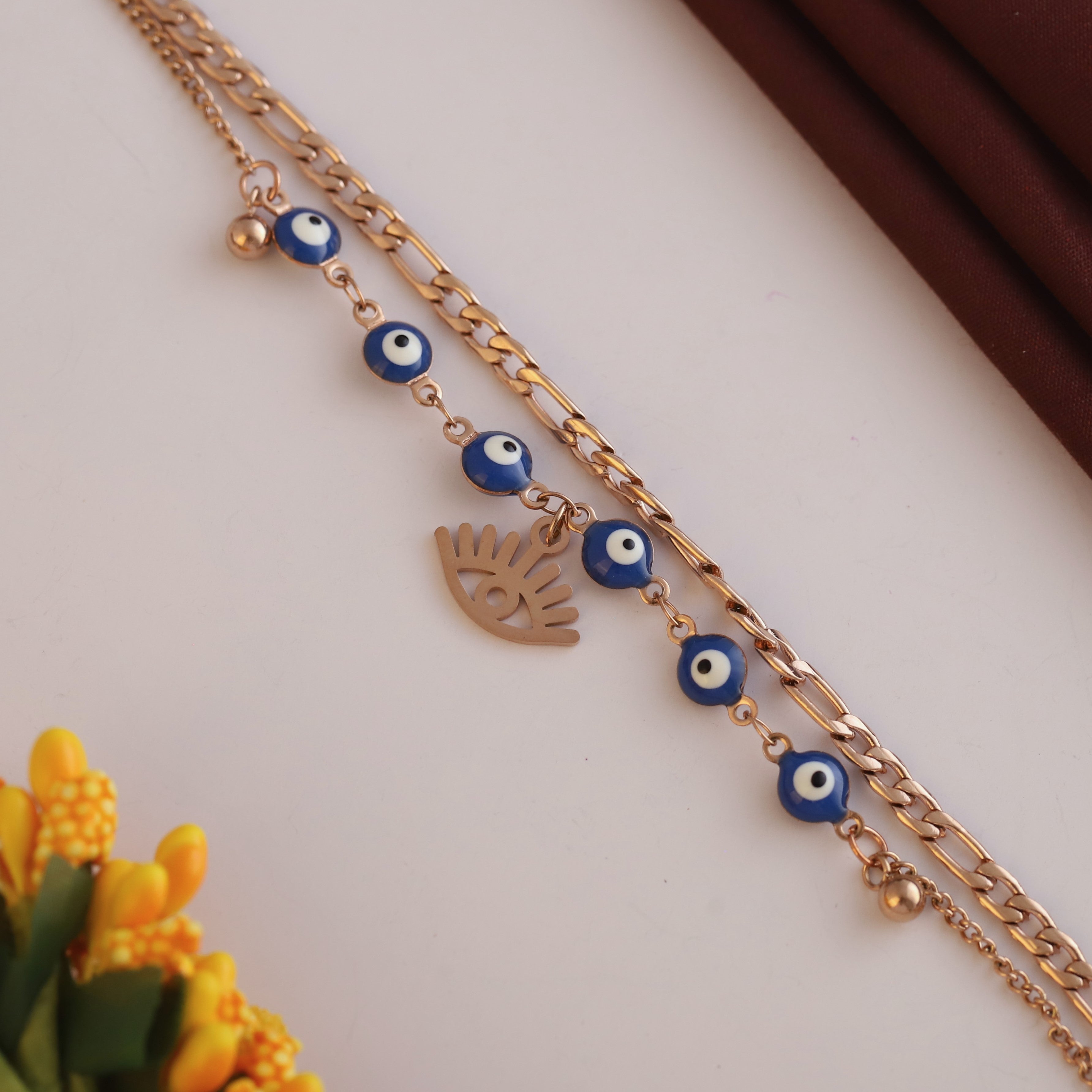 Evil Eye Charm Chain Bracelet Gold Plated – Double Layer, Anti-Tarnish, Waterproof(ROSE GOLD)