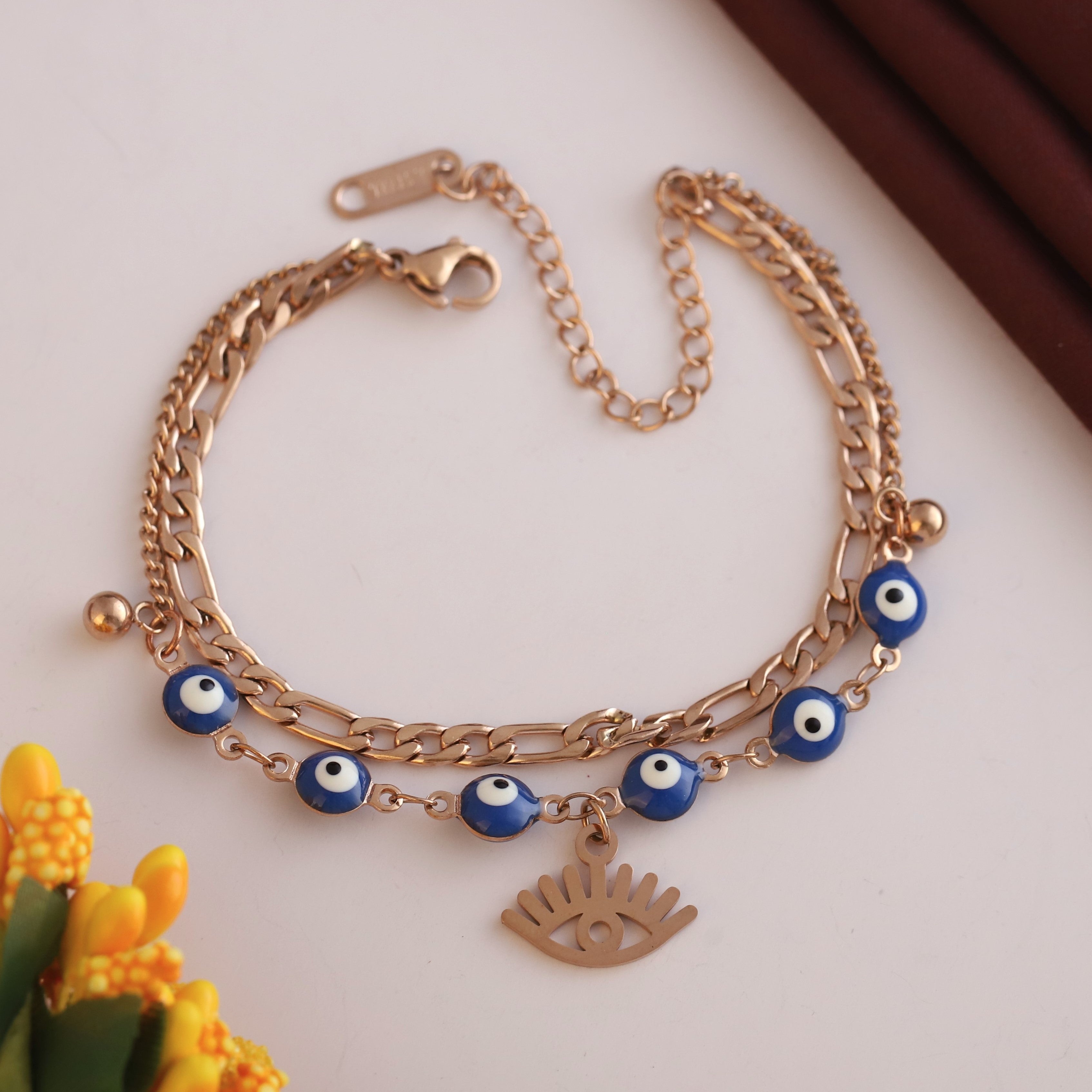 Evil Eye Charm Chain Bracelet Gold Plated – Double Layer, Anti-Tarnish, Waterproof(ROSE GOLD)