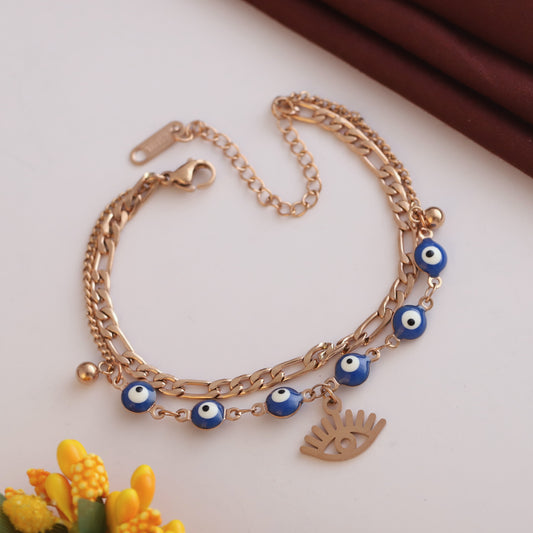 Evil Eye Charm Chain Bracelet Gold Plated – Double Layer, Anti-Tarnish, Waterproof(ROSE GOLD)