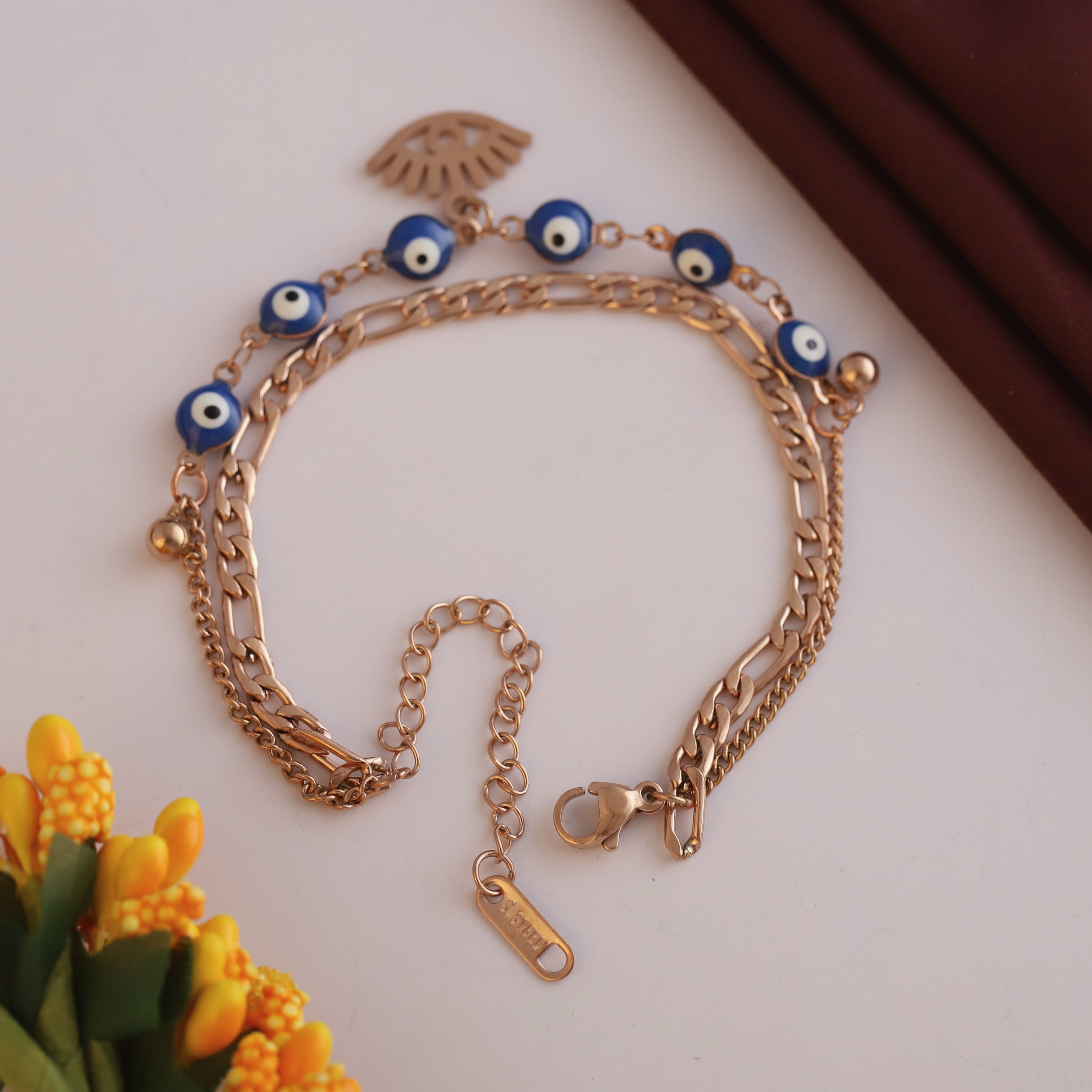 Evil Eye Charm Chain Bracelet Gold Plated – Double Layer, Anti-Tarnish, Waterproof(ROSE GOLD)