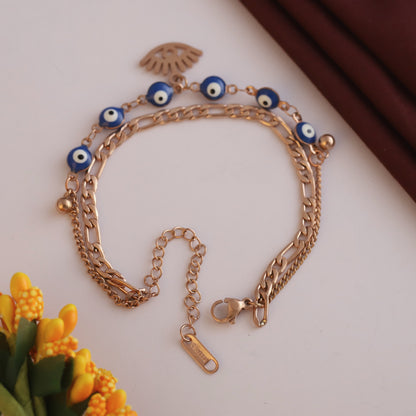 Evil Eye Charm Chain Bracelet Gold Plated – Double Layer, Anti-Tarnish, Waterproof(ROSE GOLD)