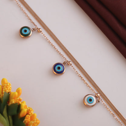 Evil Eye Charm Chain Bracelet Gold Plated – Double Layer, Anti-Tarnish, Waterproof(ROSE GOLD)