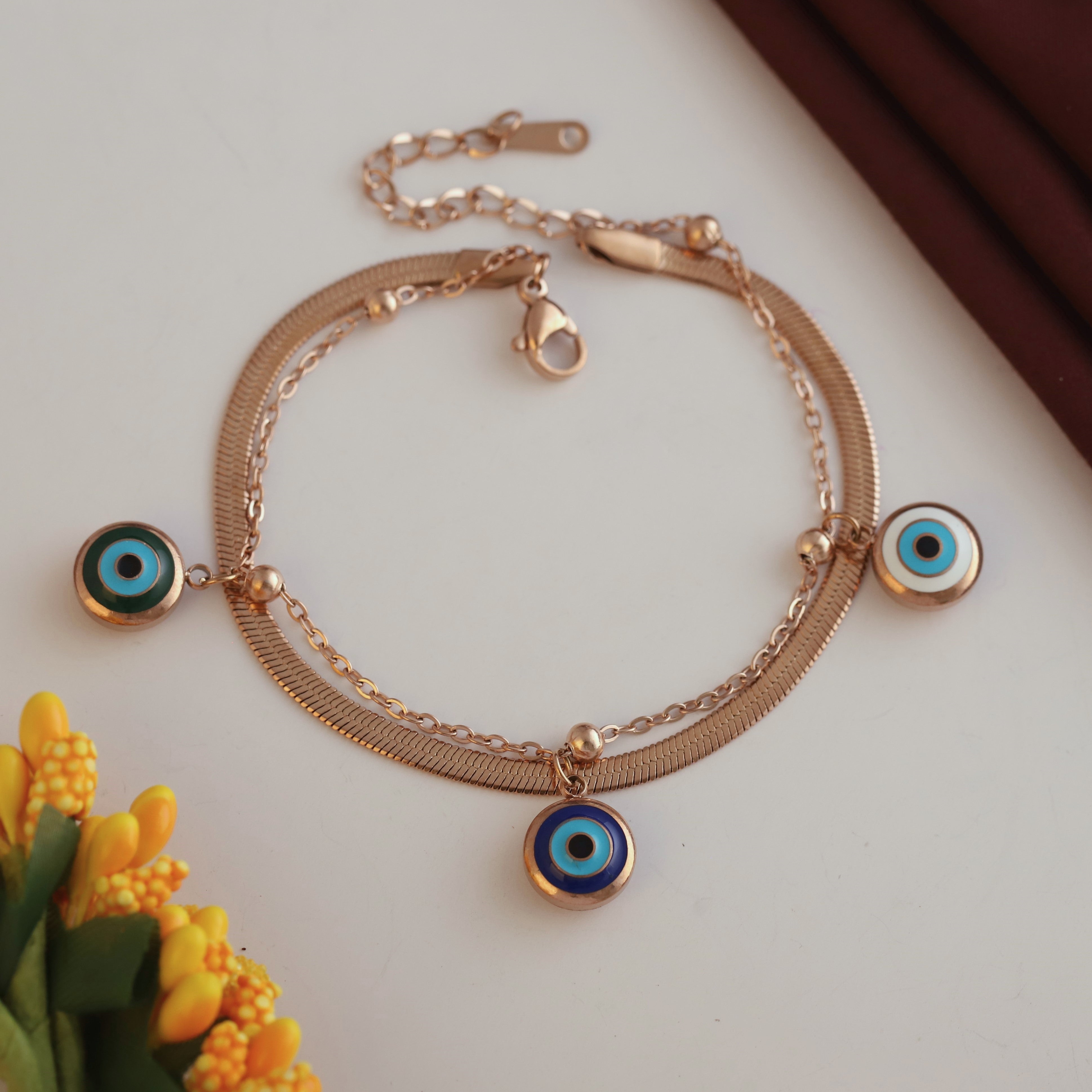 Evil Eye Charm Chain Bracelet Gold Plated – Double Layer, Anti-Tarnish, Waterproof(ROSE GOLD)