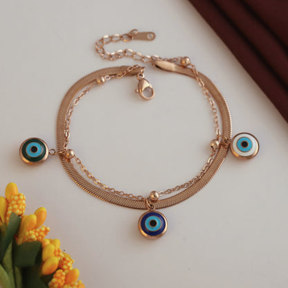Evil Eye Charm Chain Bracelet Gold Plated – Double Layer, Anti-Tarnish, Waterproof(ROSE GOLD)