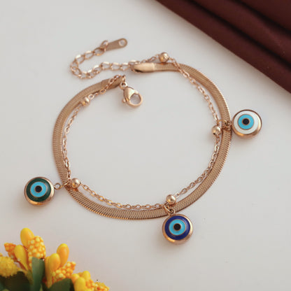 Evil Eye Charm Chain Bracelet Gold Plated – Double Layer, Anti-Tarnish, Waterproof(ROSE GOLD)