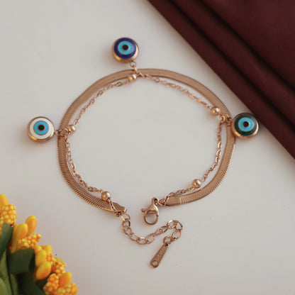 Evil Eye Charm Chain Bracelet Gold Plated – Double Layer, Anti-Tarnish, Waterproof(ROSE GOLD)