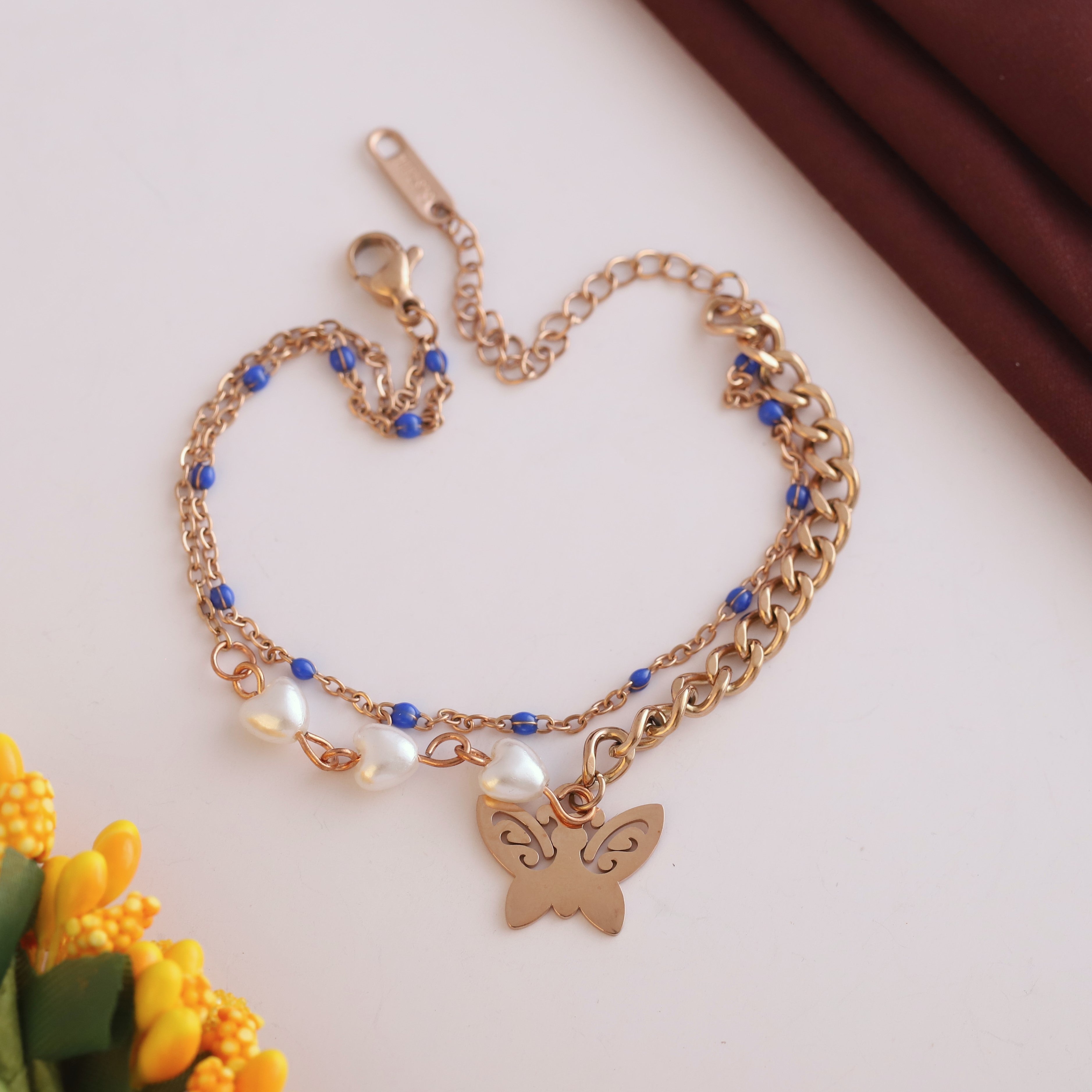 Butterfly Charm Chain Bracelet Gold Plated – Double Layer, Anti-Tarnish, Waterproof(ROSE GOLD)