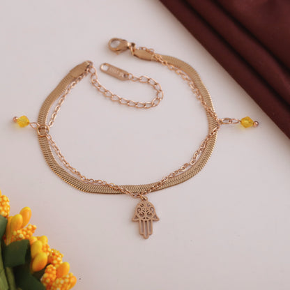 Hamsa Chain Bracelet Gold Plated – Double Layer, Anti-Tarnish, Waterproof, Minimalist Style (ROSE GOLD)