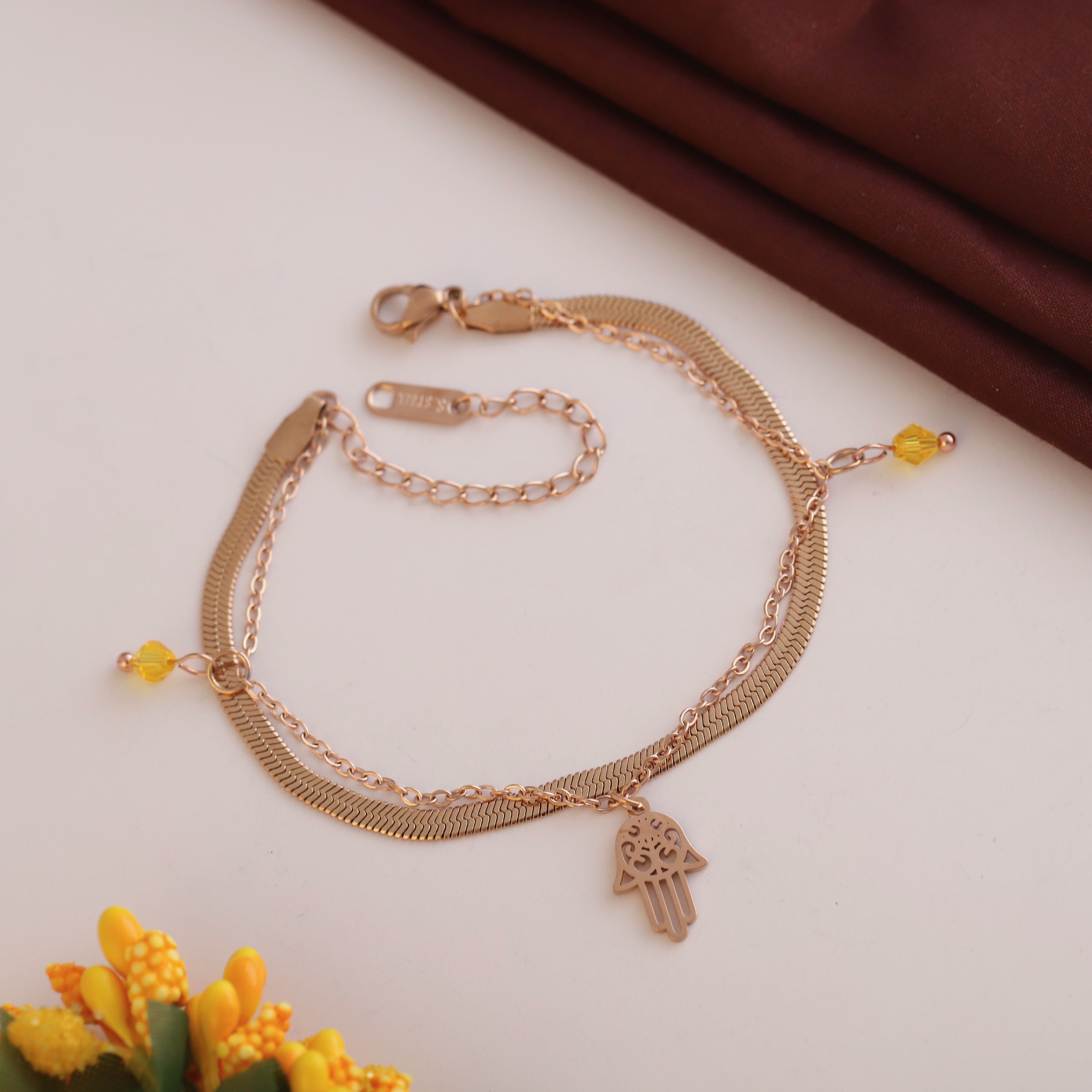 Hamsa Chain Bracelet Gold Plated – Double Layer, Anti-Tarnish, Waterproof, Minimalist Style (ROSE GOLD)