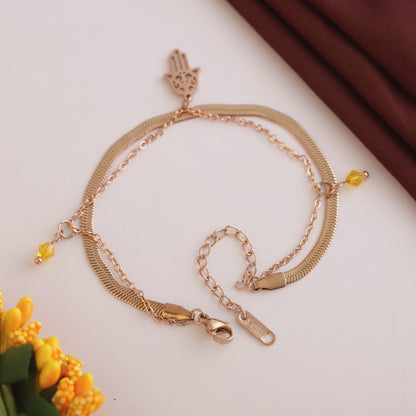 Hamsa Chain Bracelet Gold Plated – Double Layer, Anti-Tarnish, Waterproof, Minimalist Style (ROSE GOLD)
