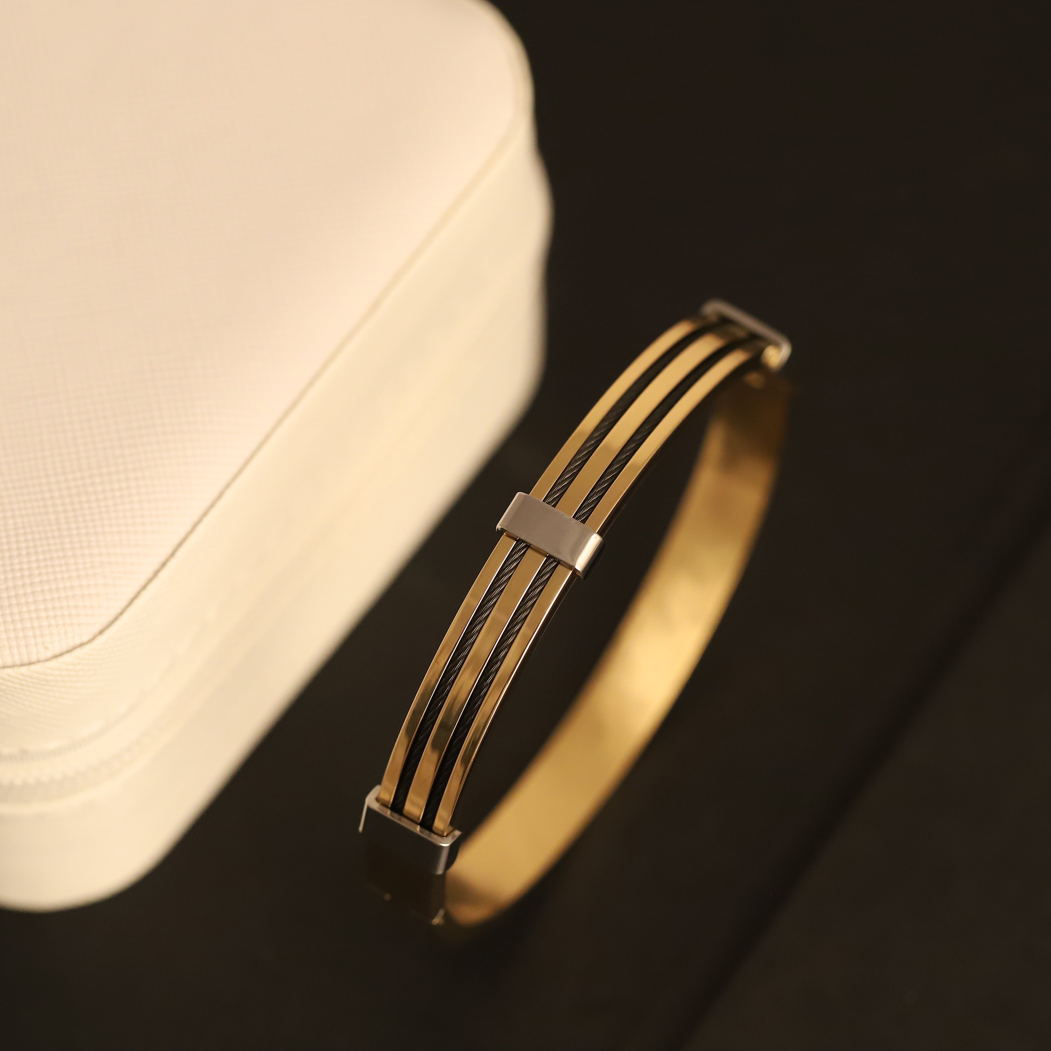 Luxury Men’s Gold Bracelet with Triple Black Cable Detailing & Silver Accents – Bold Modern Bangle for Refined Style
