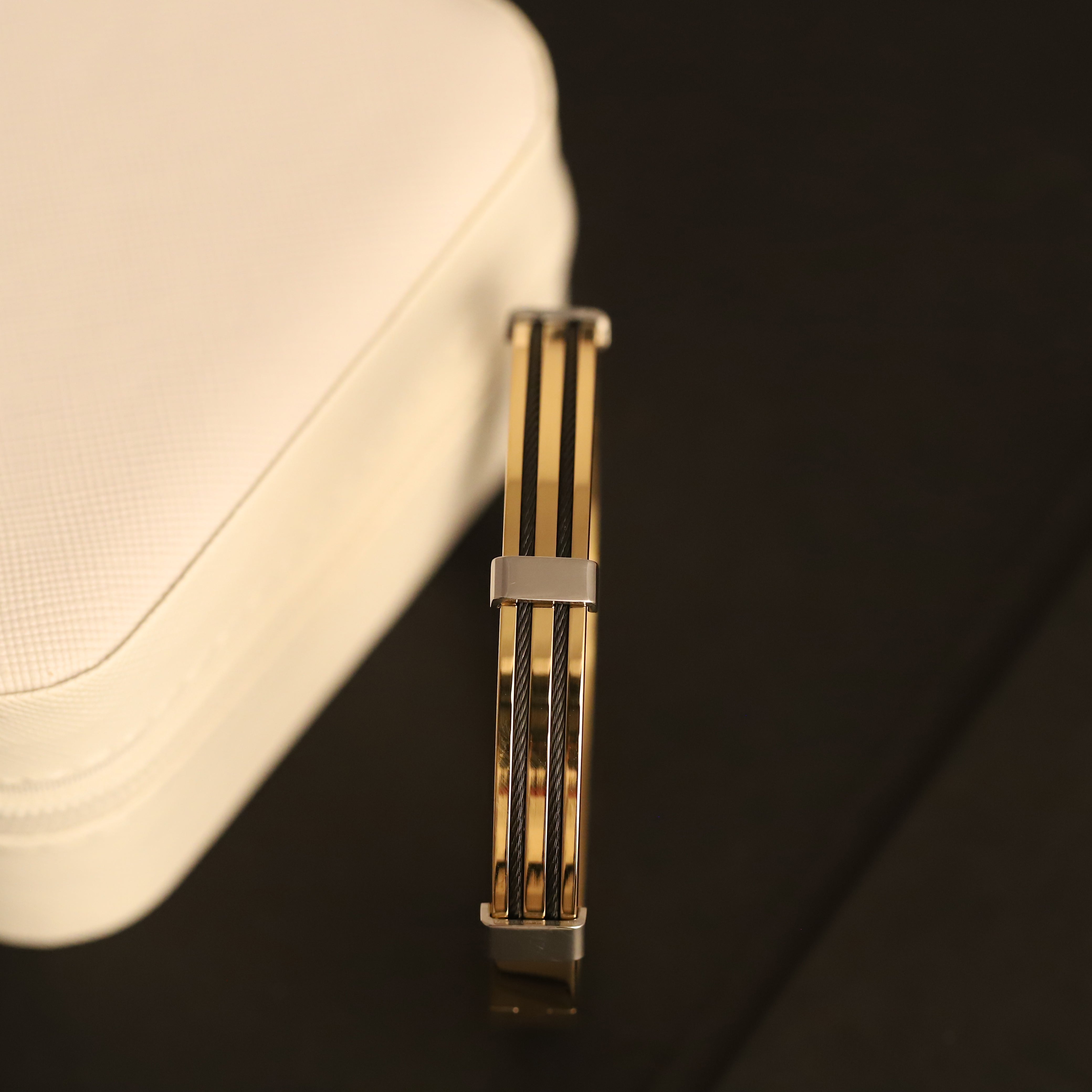 Luxury Men’s Gold Bracelet with Triple Black Cable Detailing & Silver Accents – Bold Modern Bangle for Refined Style