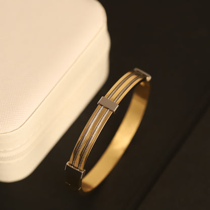 Men's Premium Stainless Steel & 18K Gold-Plated Cable Bracelet – Modern Bangle Style with Triple Twisted Silver Wire Inlay – Elegant and Durable Wristwear for Daily & Formal Use