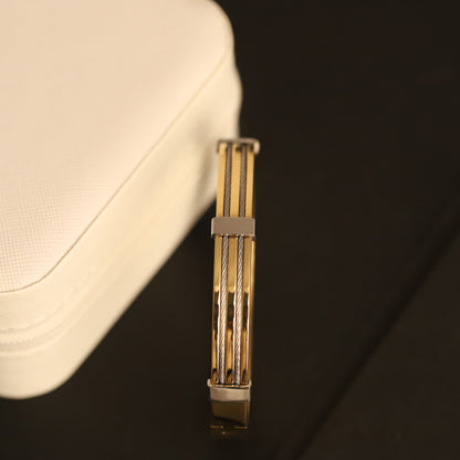 Men's Premium Stainless Steel & 18K Gold-Plated Cable Bracelet – Modern Bangle Style with Triple Twisted Silver Wire Inlay – Elegant and Durable Wristwear for Daily & Formal Use