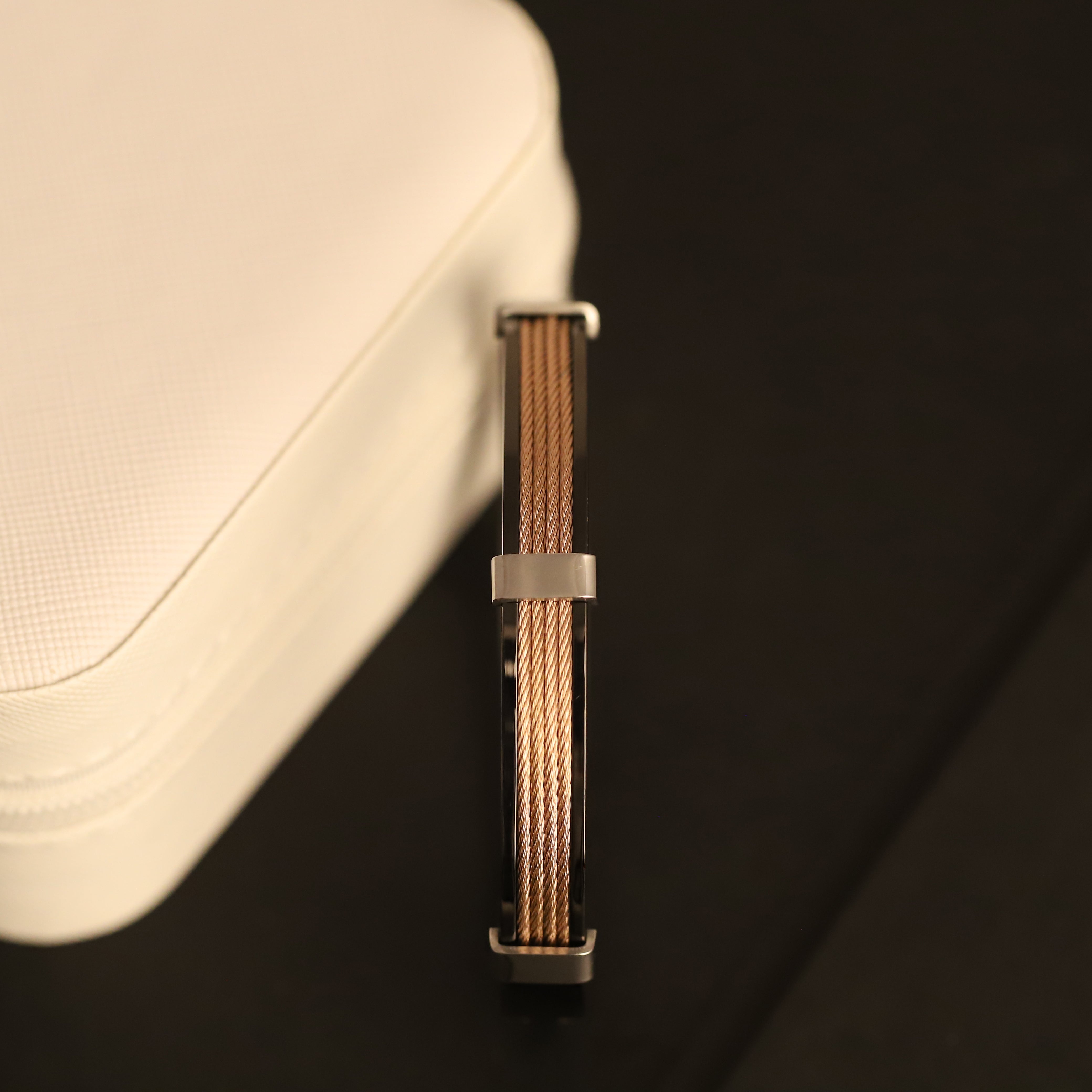 Men’s Black Stainless Steel Bracelet with Braided Copper Cable Inlay – Modern Industrial Cuff with Magnetic Clasp