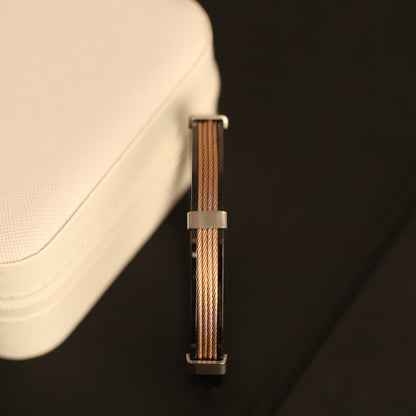 Men’s Black Stainless Steel Bracelet with Braided Copper Cable Inlay – Modern Industrial Cuff with Magnetic Clasp