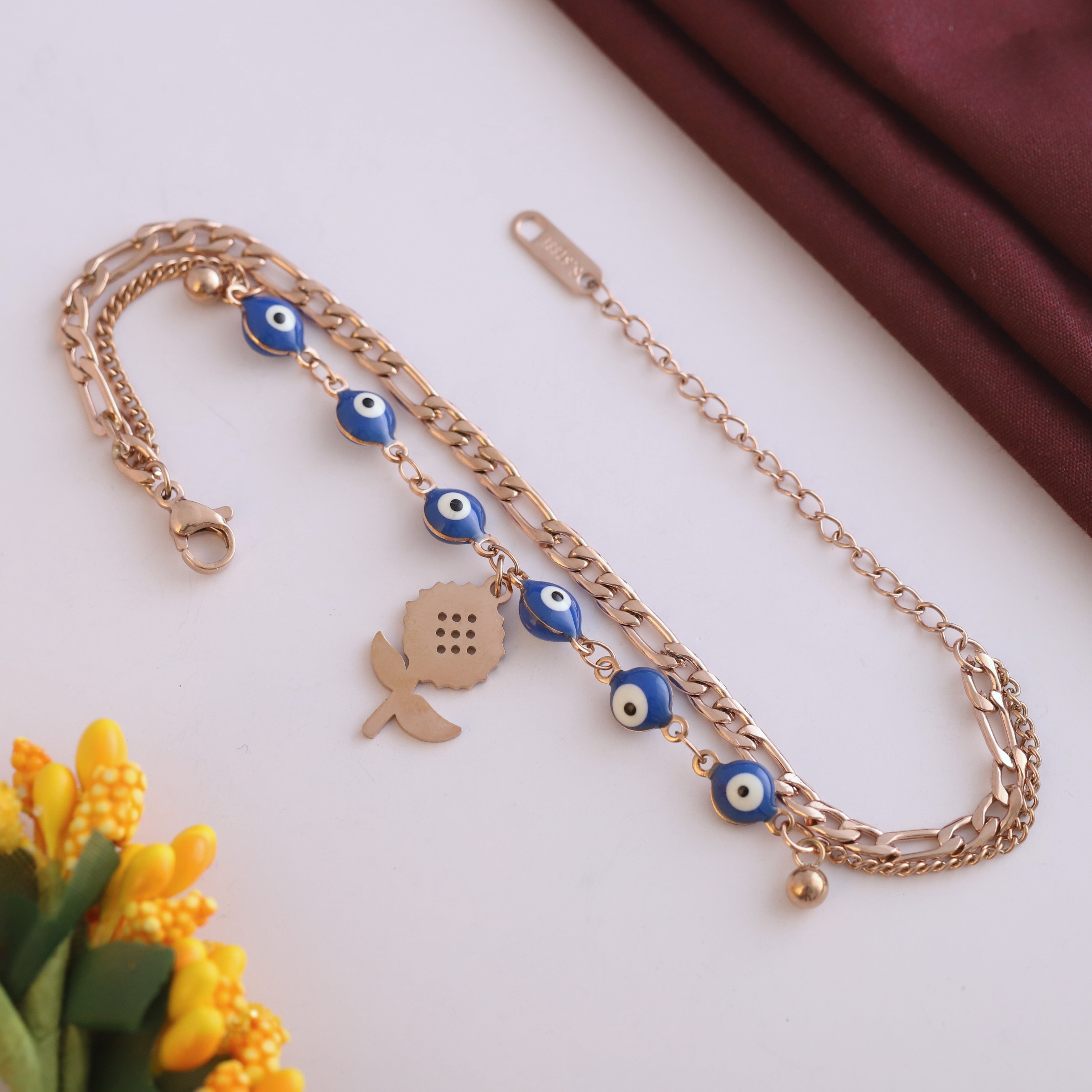 Flower Charm Chain Bracelet Gold Plated – Double Layer, Anti-Tarnish, Waterproof(ROSE GOLD)