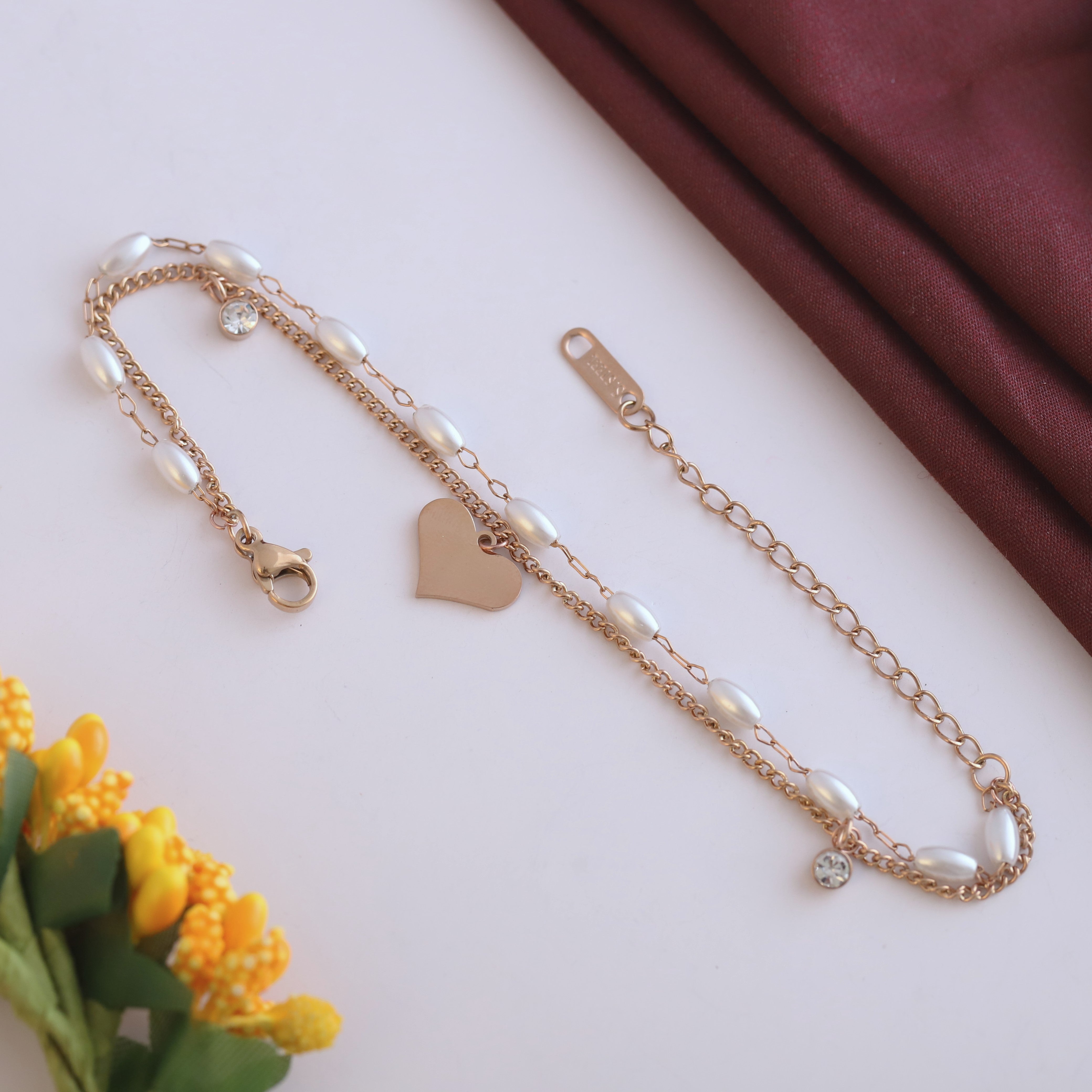 Heart Charm & Pearl Chain Bracelet Gold Plated – Double Layer, Anti-Tarnish, Waterproof, Minimalist Style (ROSE GOLD)