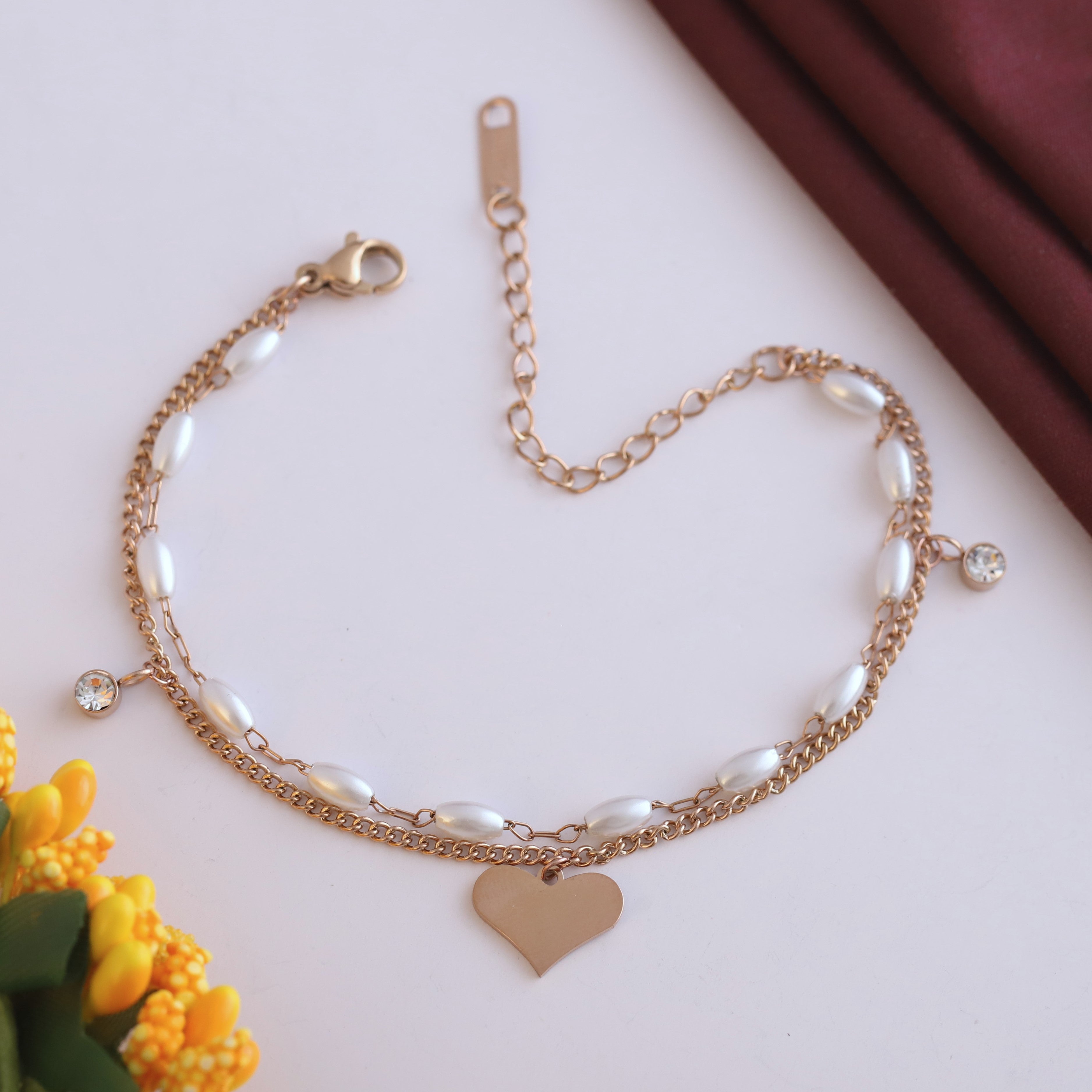 Butterfly Charm & Pearl Chain Bracelet Gold Plated – Double Layer, Anti-Tarnish, Waterproof, Minimalist Style (ROSE GOLD)