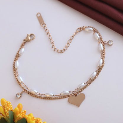 Heart Charm & Pearl Chain Bracelet Gold Plated – Double Layer, Anti-Tarnish, Waterproof, Minimalist Style (ROSE GOLD)