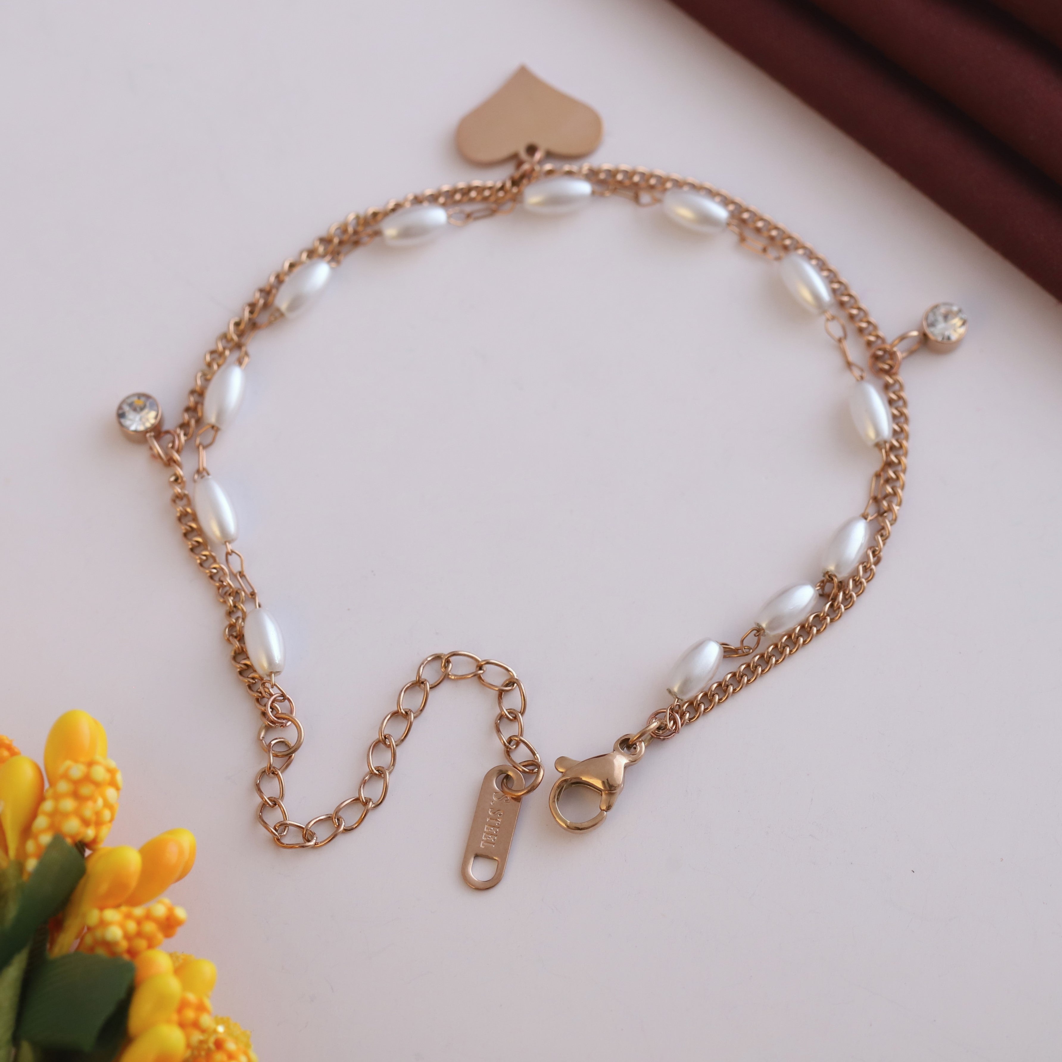 Butterfly Charm & Pearl Chain Bracelet Gold Plated – Double Layer, Anti-Tarnish, Waterproof, Minimalist Style (ROSE GOLD)