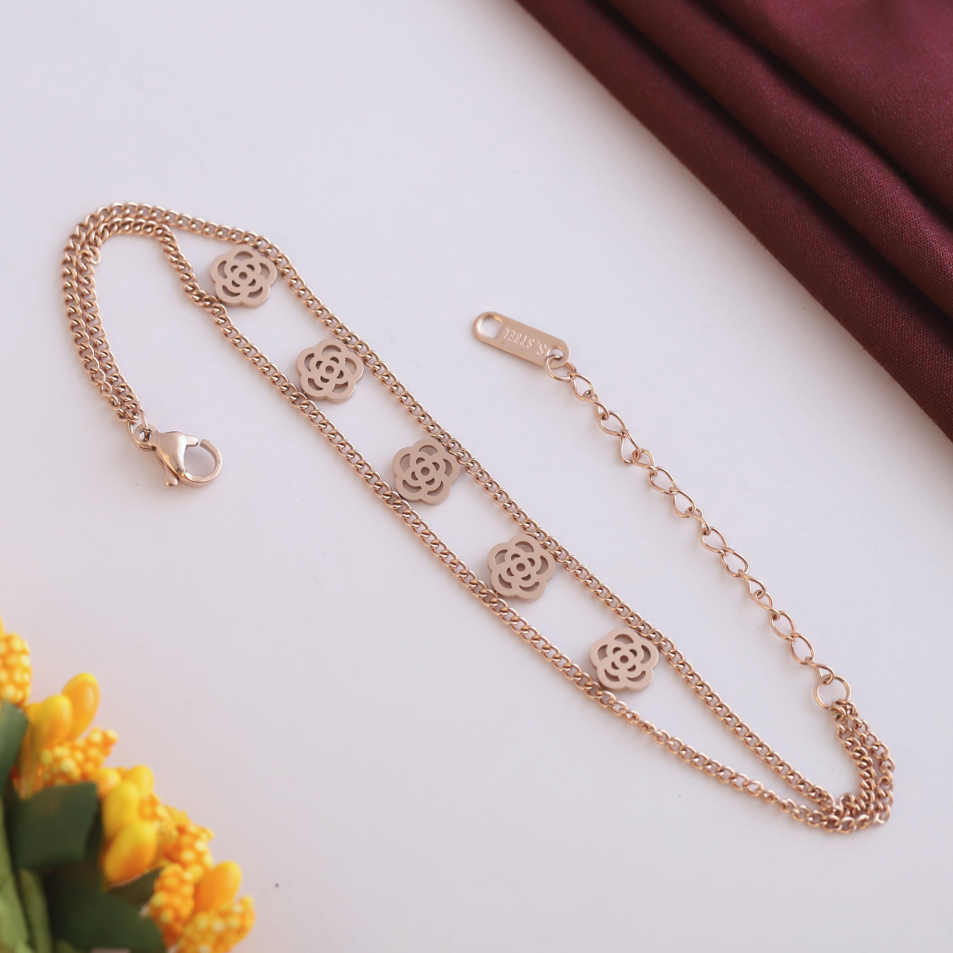 Rose Charms Chain Bracelet Gold Plated – Double Layer, Anti-Tarnish, Waterproof (ROSE GOLD)