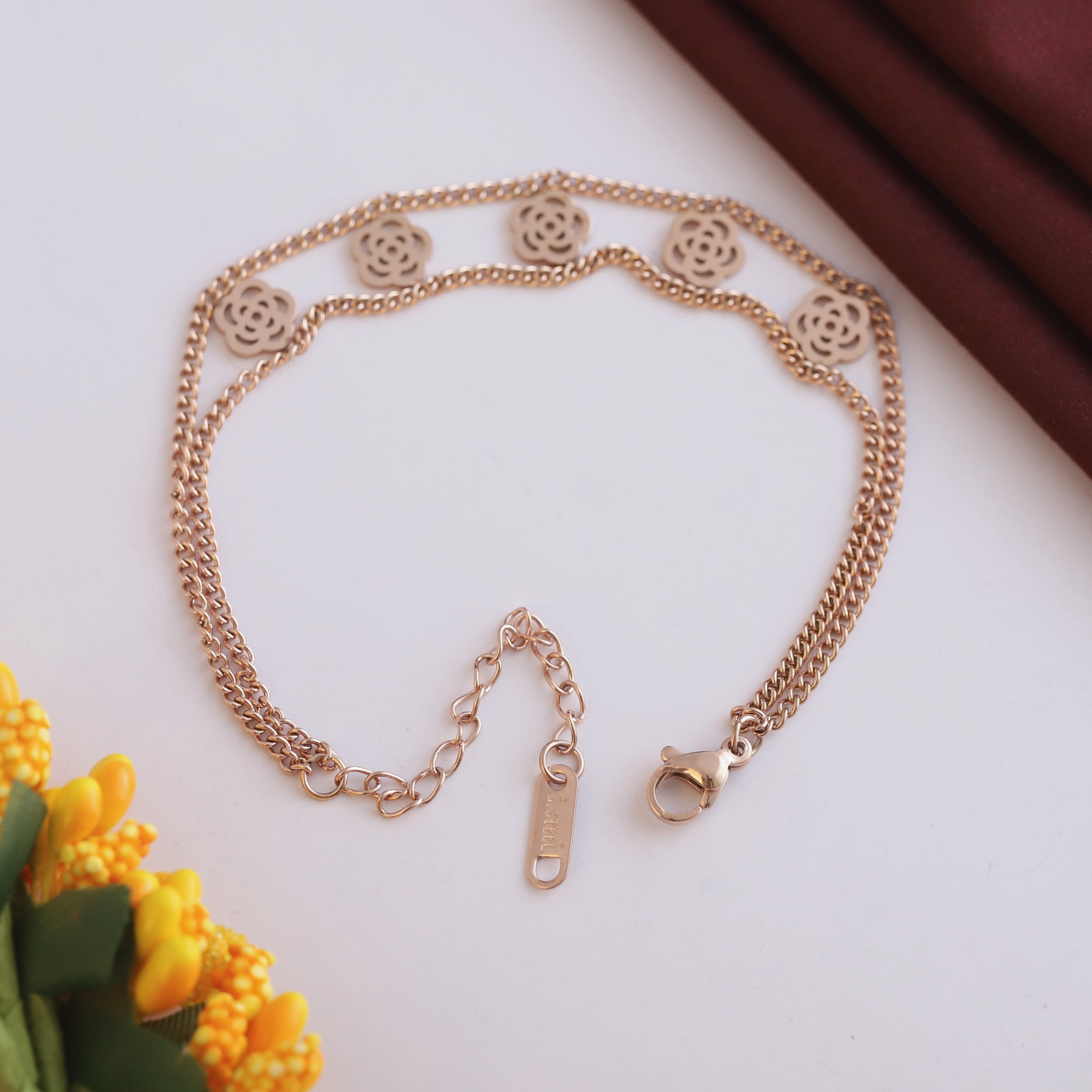 Rose Charms Chain Bracelet Gold Plated – Double Layer, Anti-Tarnish, Waterproof (ROSE GOLD)
