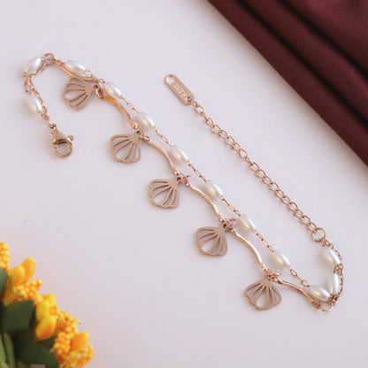 Shell Charms & Pearl Chain Bracelet Gold Plated – Double Layer, Anti-Tarnish, Waterproof, Minimalist Style (ROSE GOLD)