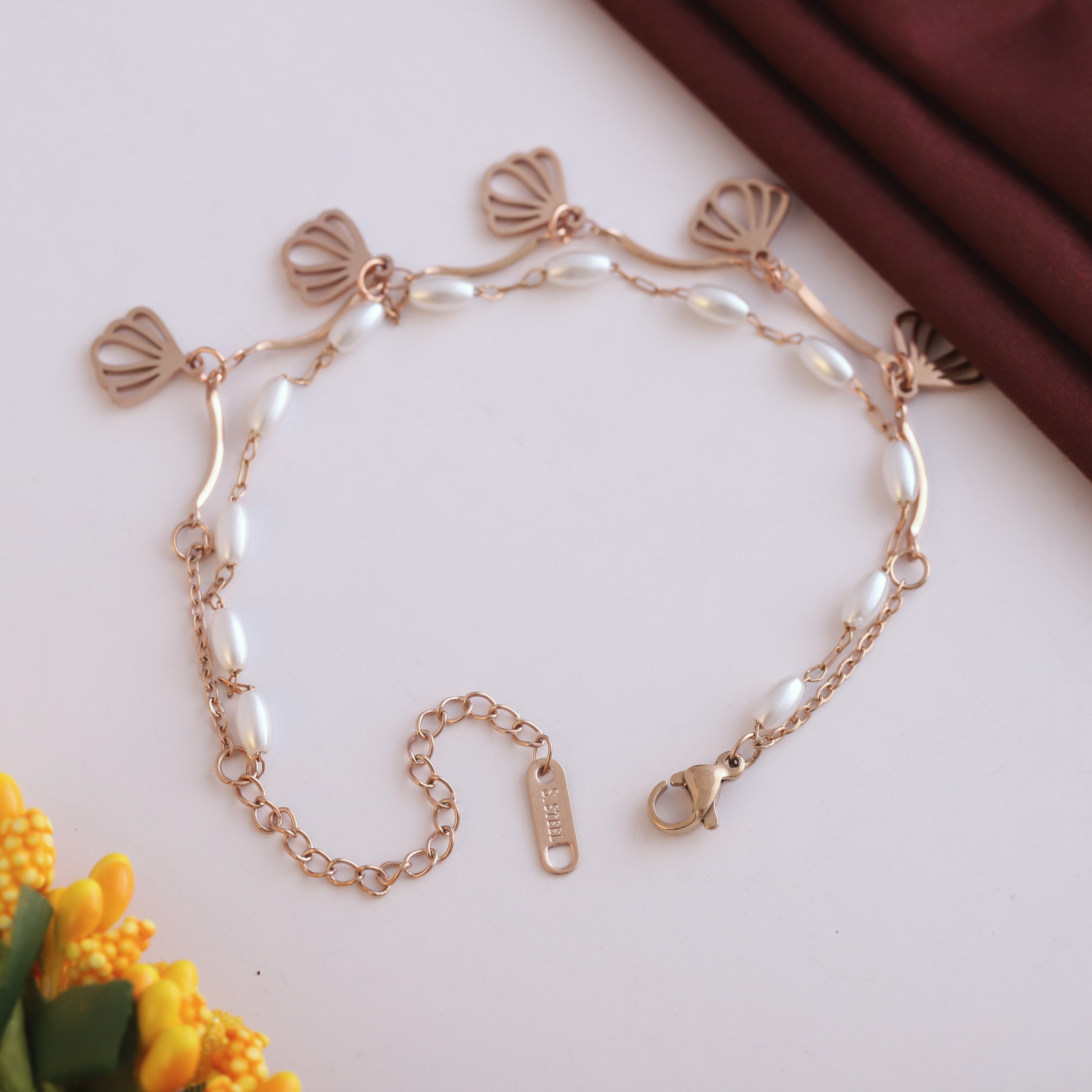 Shell Charms & Pearl Chain Bracelet Gold Plated – Double Layer, Anti-Tarnish, Waterproof, Minimalist Style (ROSE GOLD)