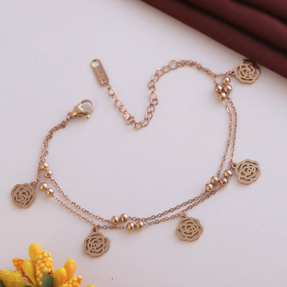 Rose Charms & Pearl Chain Bracelet Gold Plated – Double Layer, Anti-Tarnish, Waterproof, Minimalist Style (ROSE GOLD)