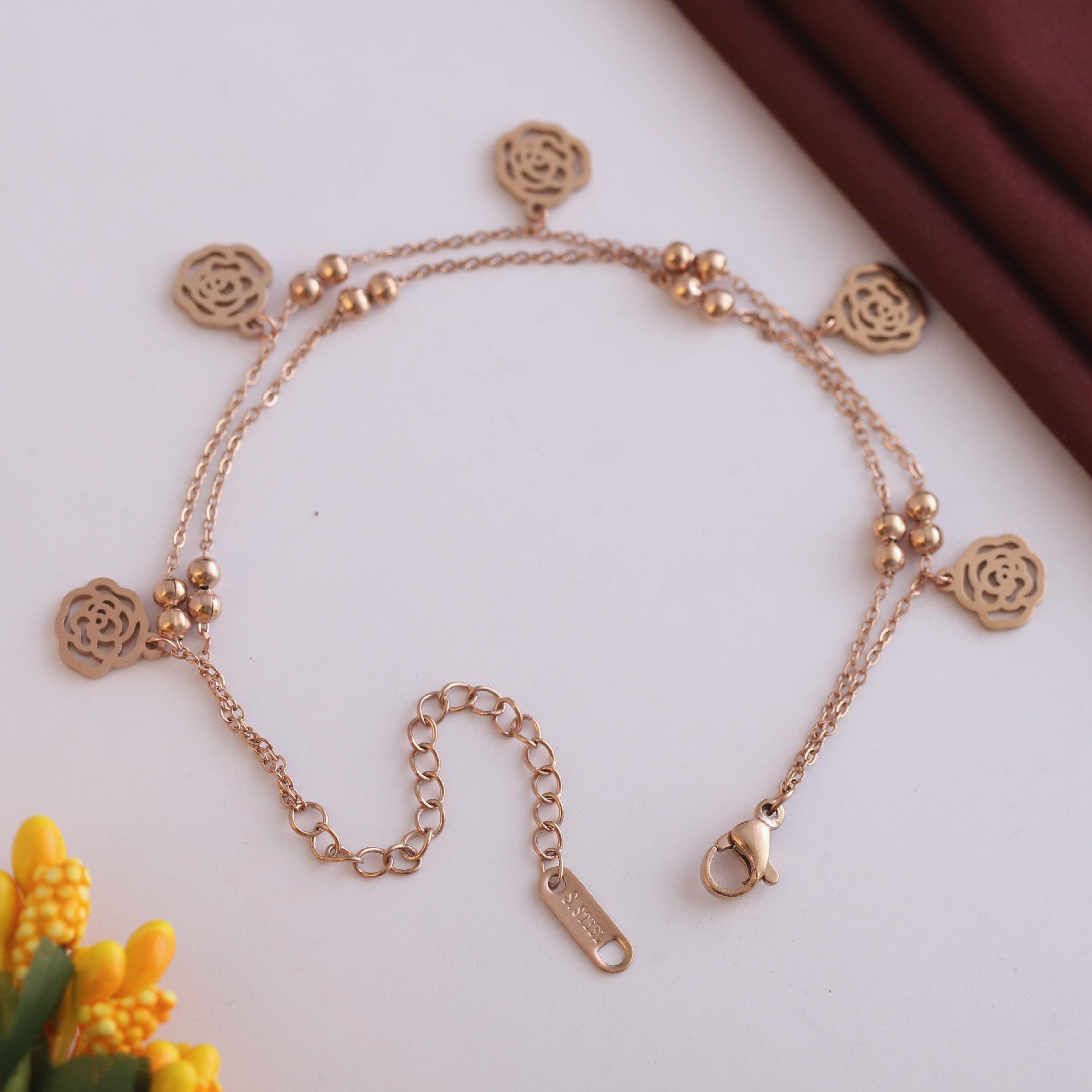 Rose Charms & Pearl Chain Bracelet Gold Plated – Double Layer, Anti-Tarnish, Waterproof, Minimalist Style (ROSE GOLD)