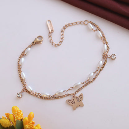 Butterfly Charm & Pearl Chain Bracelet Gold Plated – Double Layer, Anti-Tarnish, Waterproof, Minimalist Style (ROSE GOLD)