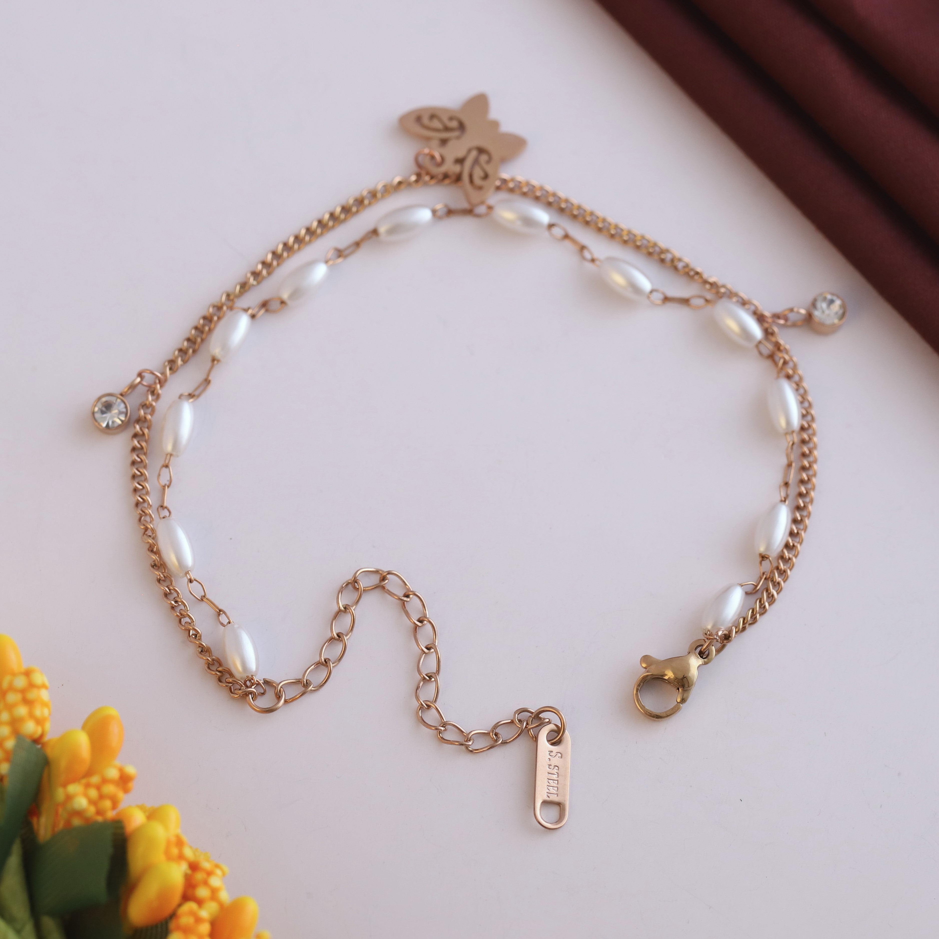 Butterfly Charm & Pearl Chain Bracelet Gold Plated – Double Layer, Anti-Tarnish, Waterproof, Minimalist Style (ROSE GOLD)