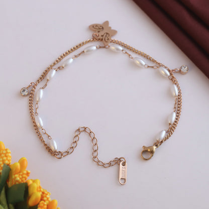 Butterfly Charm & Pearl Chain Bracelet Gold Plated – Double Layer, Anti-Tarnish, Waterproof, Minimalist Style (ROSE GOLD)