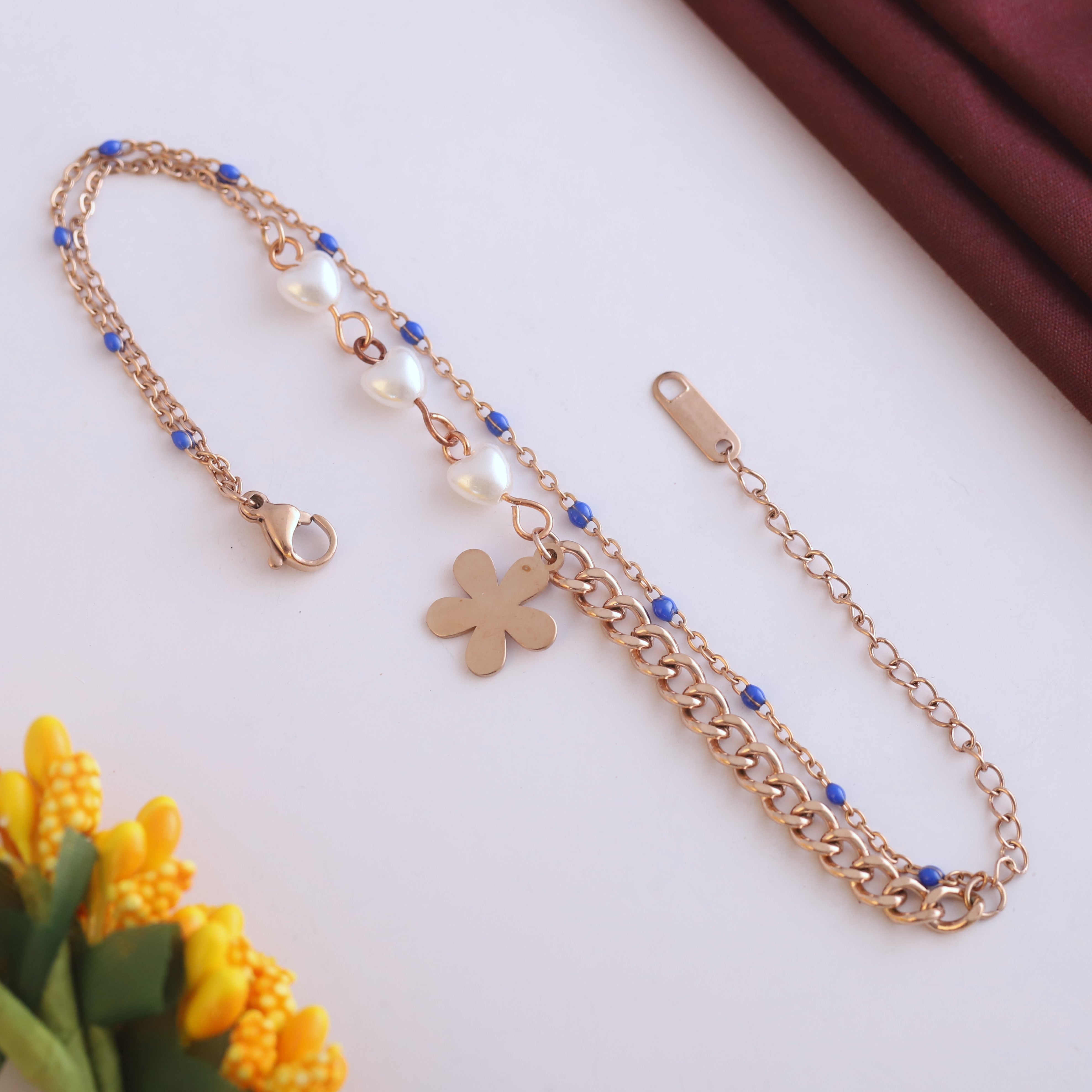 Flower Charm Chain Bracelet Gold Plated – Double Layer, Anti-Tarnish, Waterproof(ROSE GOLD)