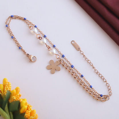 Flower Charm Chain Bracelet Gold Plated – Double Layer, Anti-Tarnish, Waterproof(ROSE GOLD)
