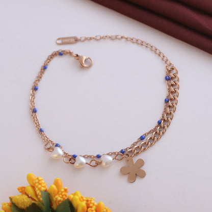 Flower Charm Chain Bracelet Gold Plated – Double Layer, Anti-Tarnish, Waterproof(ROSE GOLD)