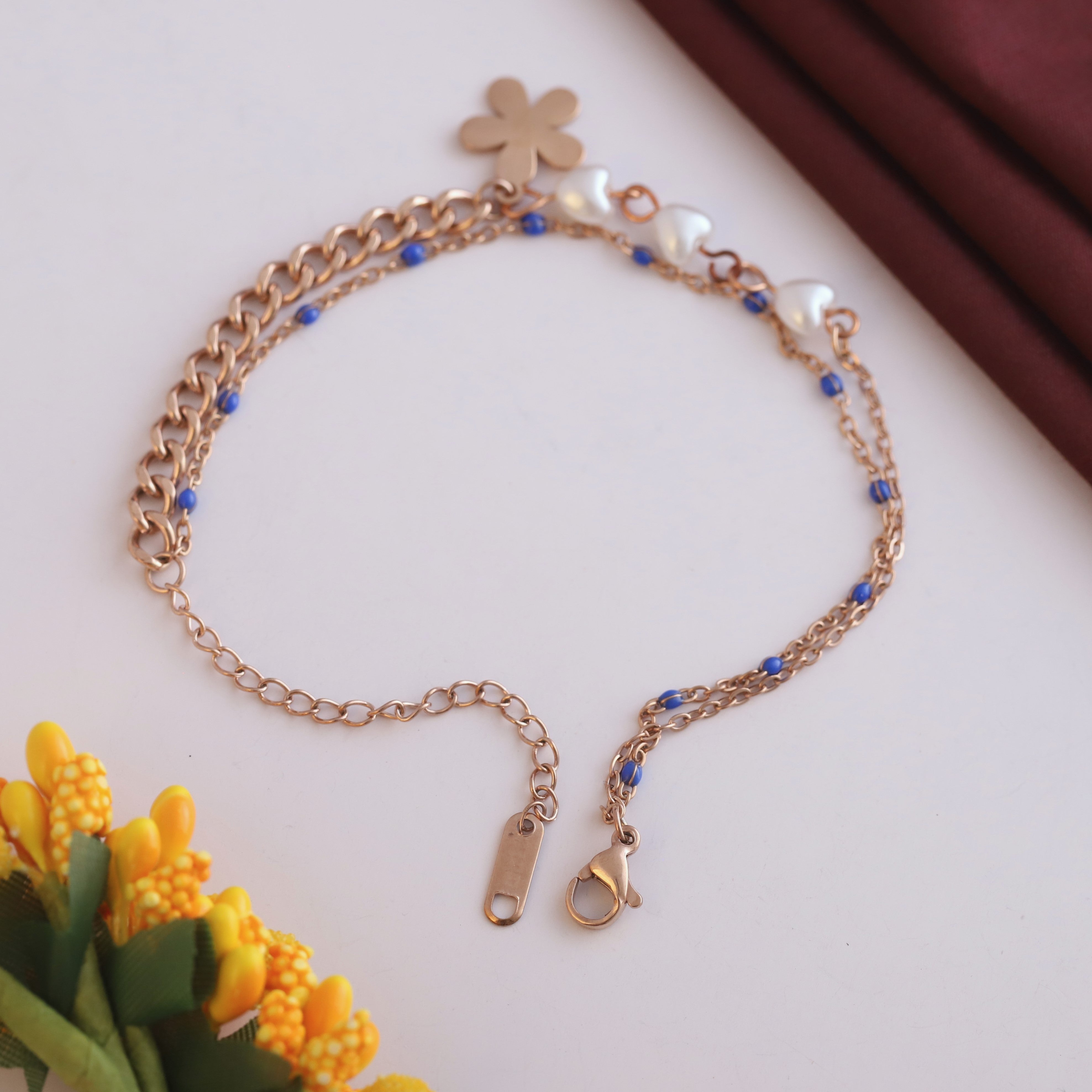 Flower Charm Chain Bracelet Gold Plated – Double Layer, Anti-Tarnish, Waterproof(ROSE GOLD)