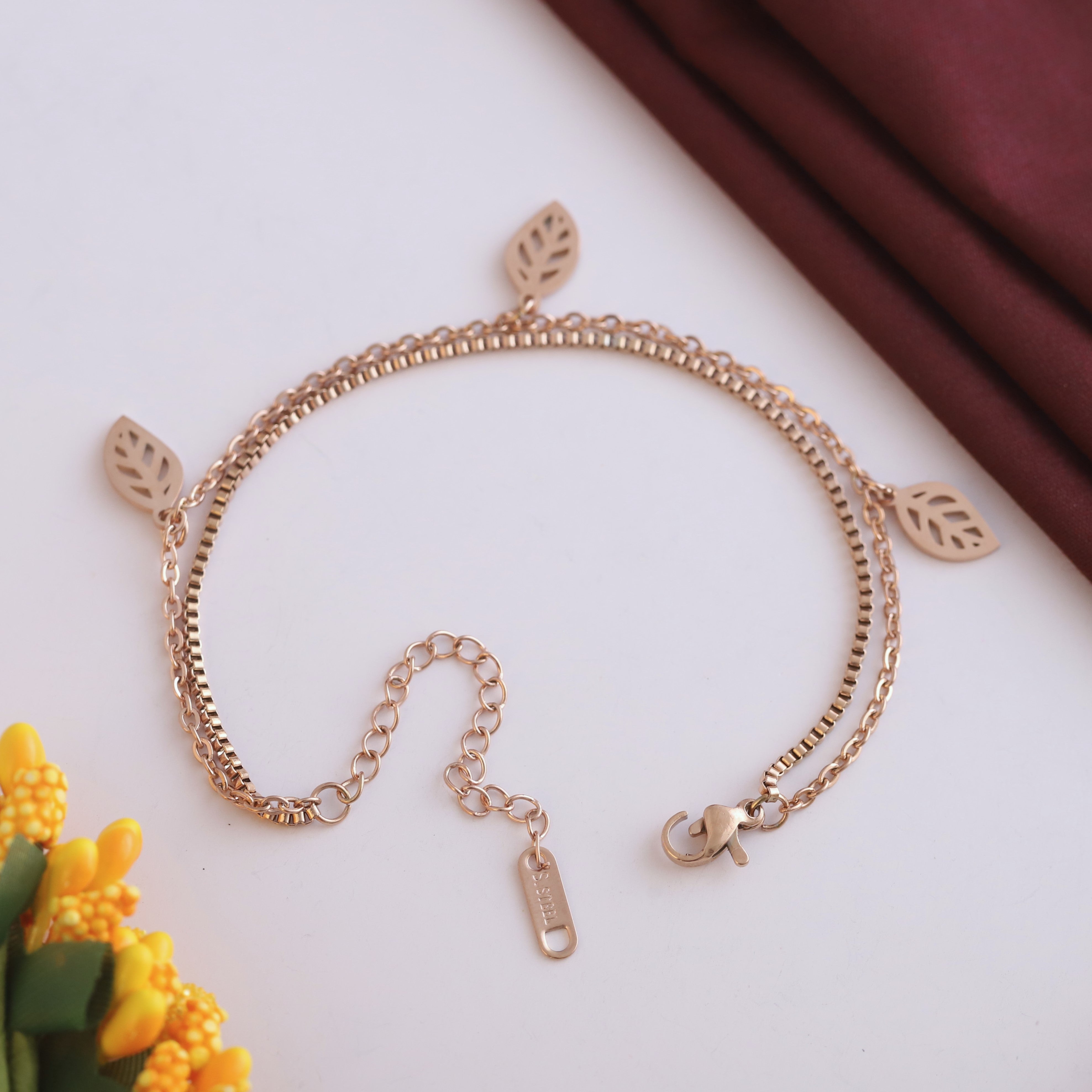 Leaf Charm Chain Bracelet Gold Plated – Double Layer, Anti-Tarnish, Waterproof, Minimalist Style (ROSE GOLD)