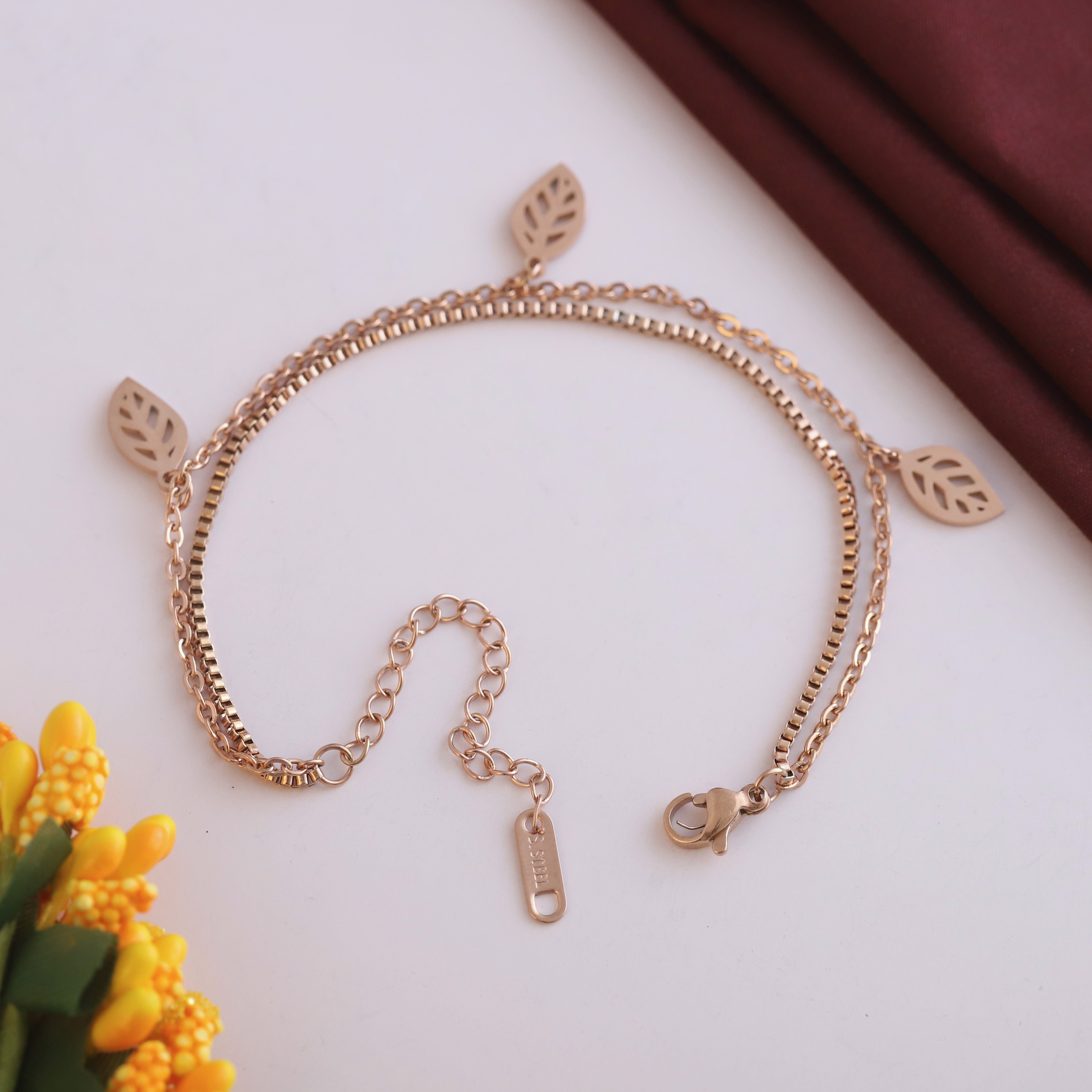 Leaf Charm Chain Bracelet Gold Plated – Double Layer, Anti-Tarnish, Waterproof, Minimalist Style (ROSE GOLD)
