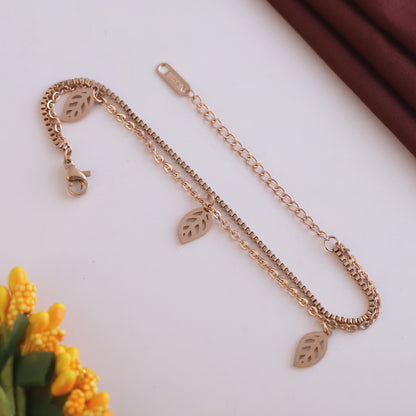 Leaf Charm Chain Bracelet Gold Plated – Double Layer, Anti-Tarnish, Waterproof, Minimalist Style (ROSE GOLD)