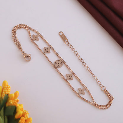 Flower Charms Chain Bracelet Gold Plated – Double Layer, Anti-Tarnish, Waterproof (ROSE GOLD)