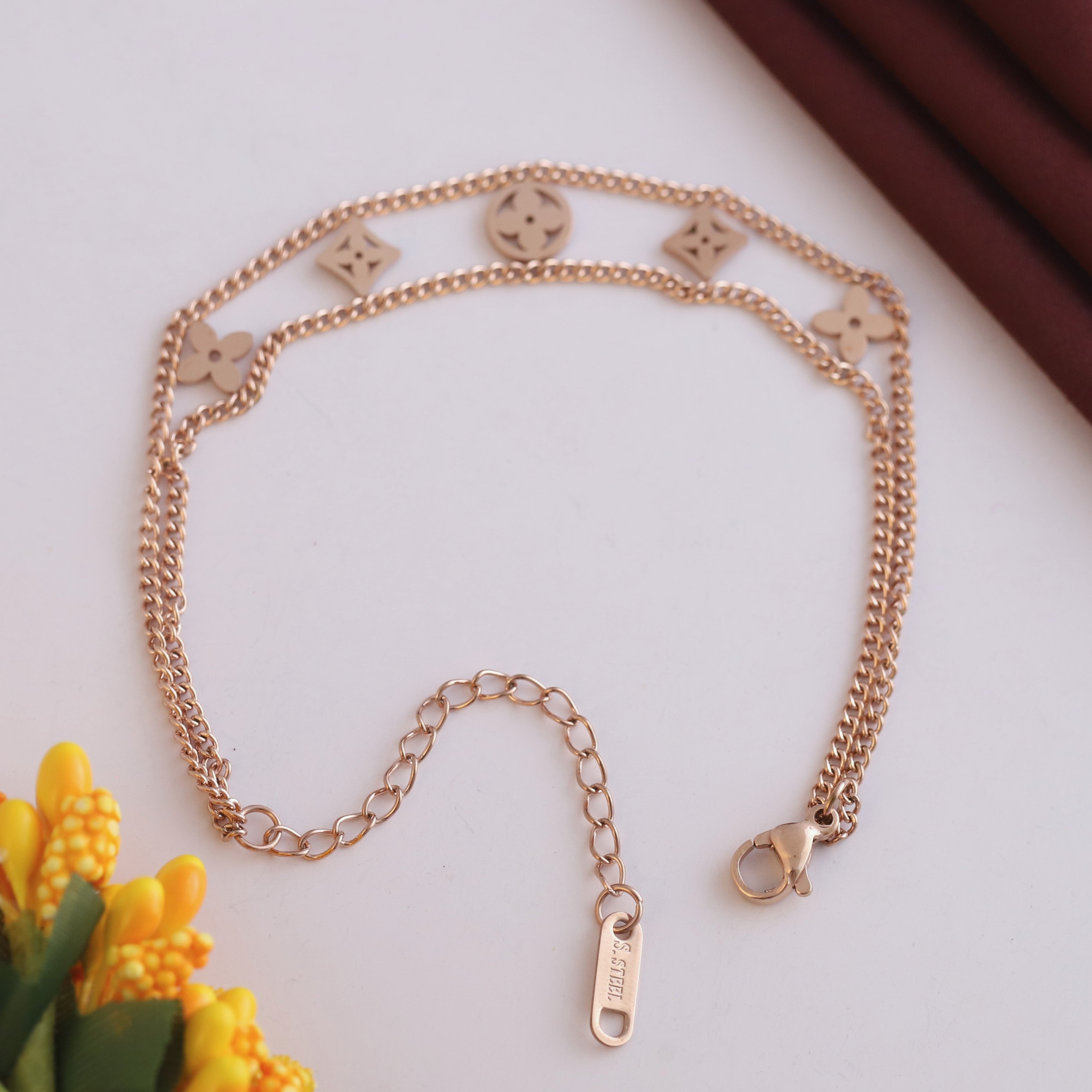 Flower Charms Chain Bracelet Gold Plated – Double Layer, Anti-Tarnish, Waterproof (ROSE GOLD)