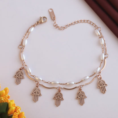 Hamza Charms & Pearl Chain Bracelet Gold Plated – Double Layer, Anti-Tarnish, Waterproof, Minimalist Style (ROSE GOLD)