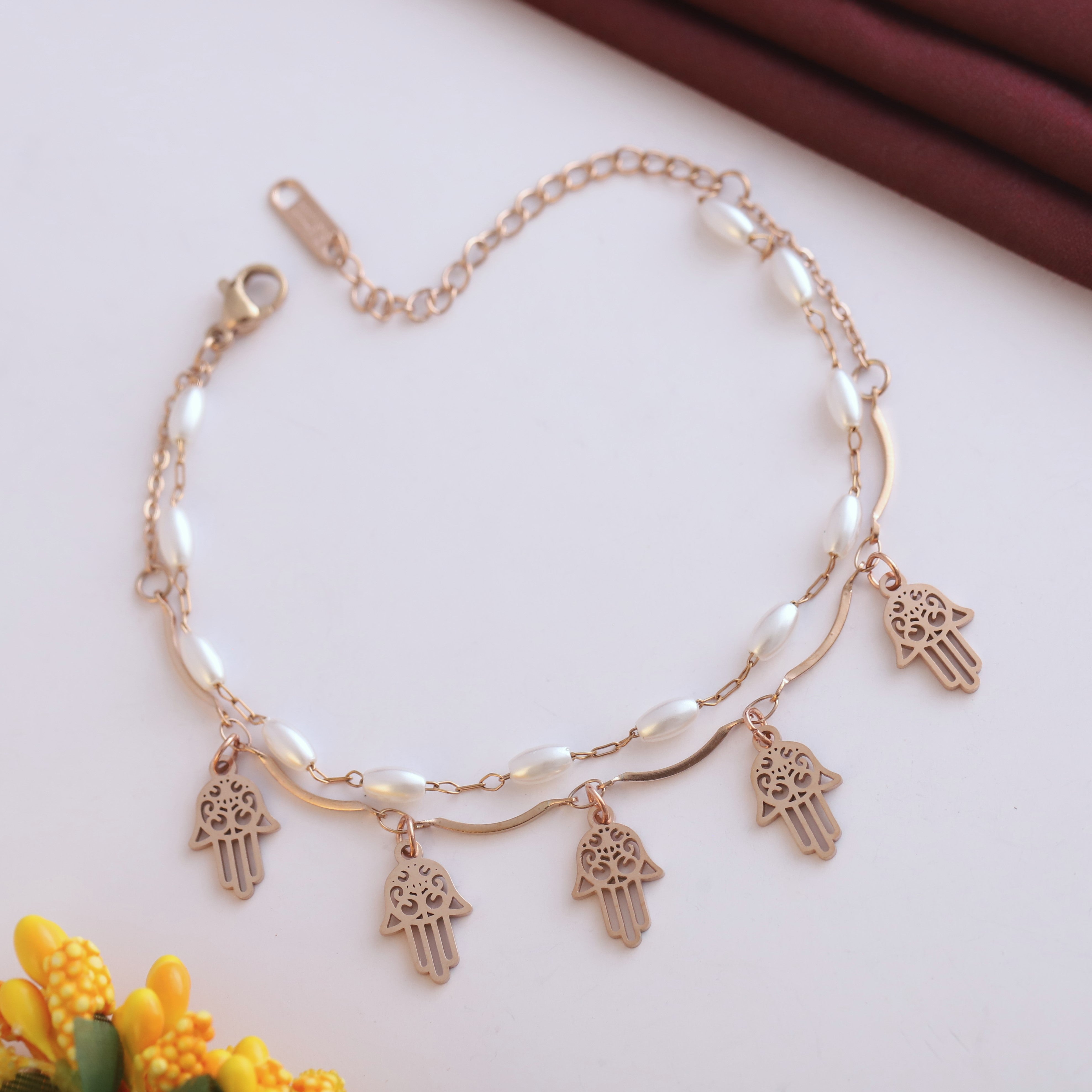 Hamza Charms & Pearl Chain Bracelet Gold Plated – Double Layer, Anti-Tarnish, Waterproof, Minimalist Style (ROSE GOLD)