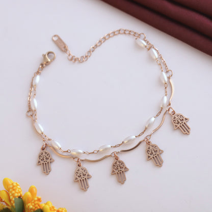 Hamza Charms & Pearl Chain Bracelet Gold Plated – Double Layer, Anti-Tarnish, Waterproof, Minimalist Style (ROSE GOLD)
