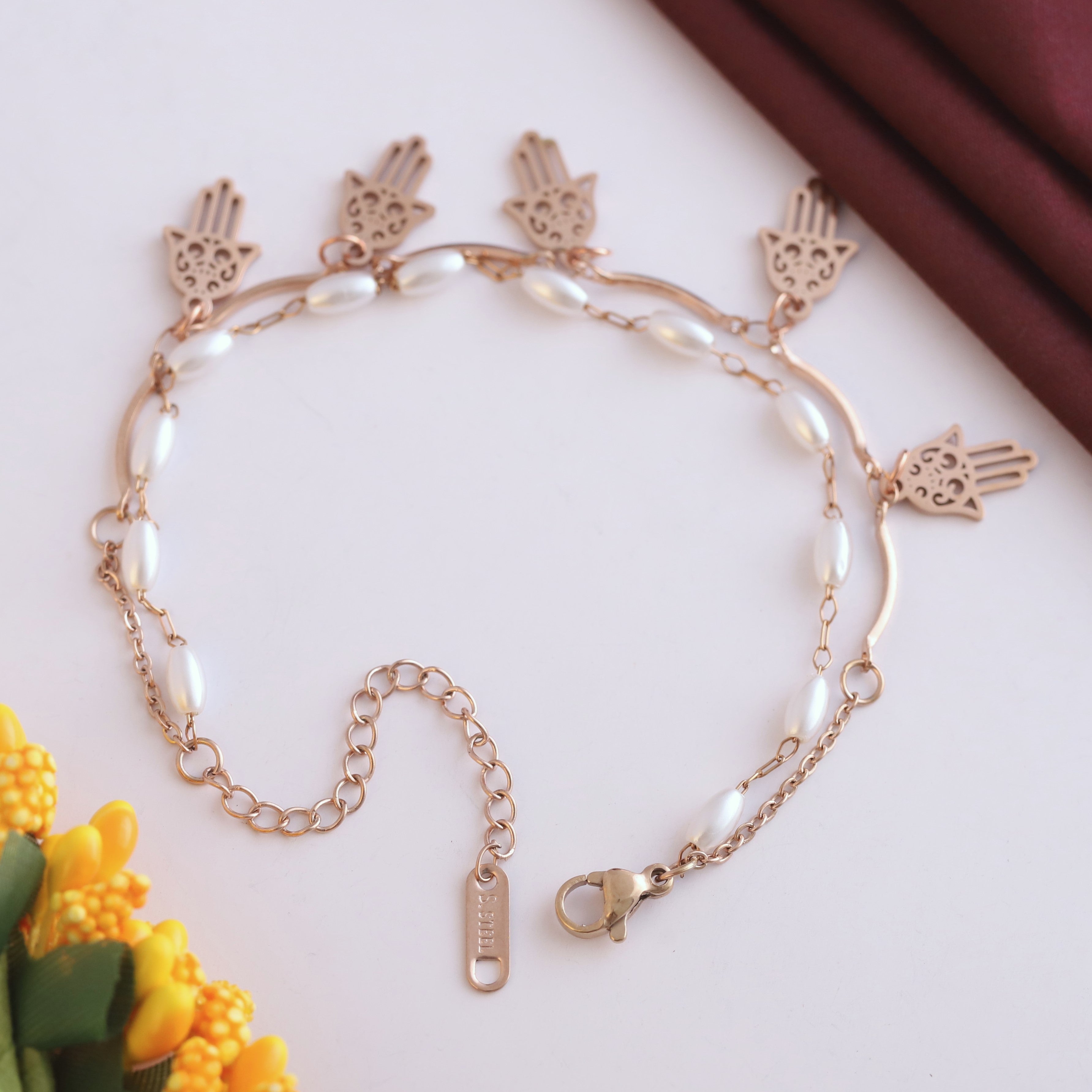 Hamza Charms & Pearl Chain Bracelet Gold Plated – Double Layer, Anti-Tarnish, Waterproof, Minimalist Style (ROSE GOLD)